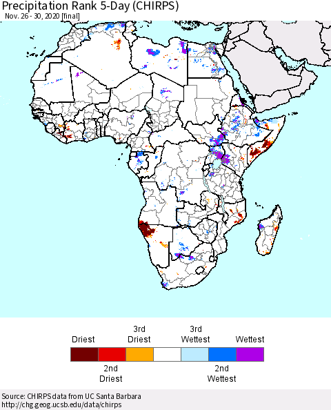 Africa Precipitation Rank 5-Day (CHIRPS) Thematic Map For 11/26/2020 - 11/30/2020
