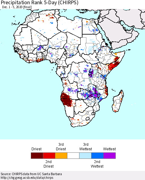 Africa Precipitation Rank since 1981, 5-Day (CHIRPS) Thematic Map For 12/1/2020 - 12/5/2020