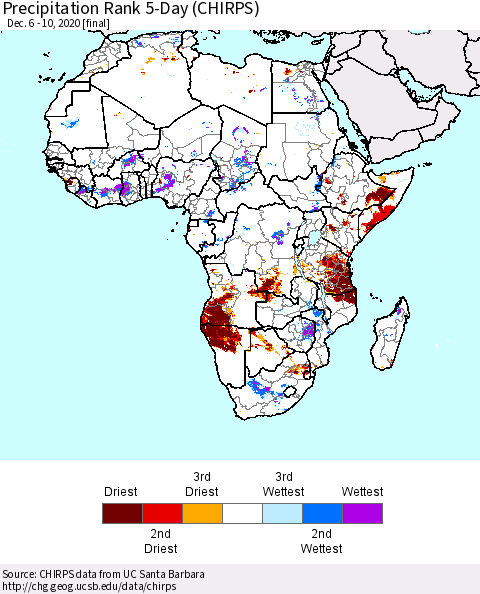 Africa Precipitation Rank since 1981, 5-Day (CHIRPS) Thematic Map For 12/6/2020 - 12/10/2020