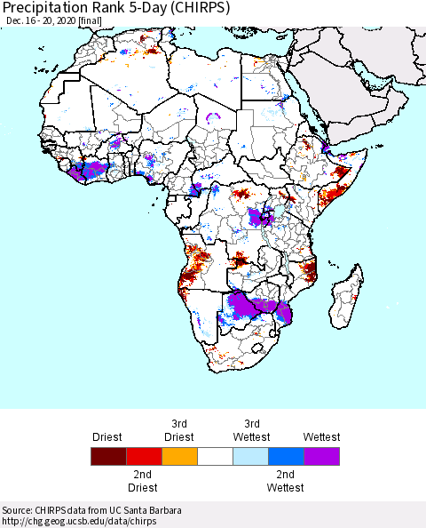 Africa Precipitation Rank 5-Day (CHIRPS) Thematic Map For 12/16/2020 - 12/20/2020
