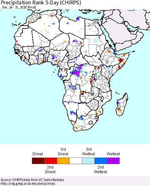 Africa Precipitation Rank since 1981, 5-Day (CHIRPS) Thematic Map For 12/26/2020 - 12/31/2020