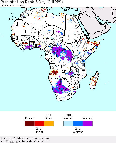 Africa Precipitation Rank 5-Day (CHIRPS) Thematic Map For 1/1/2021 - 1/5/2021