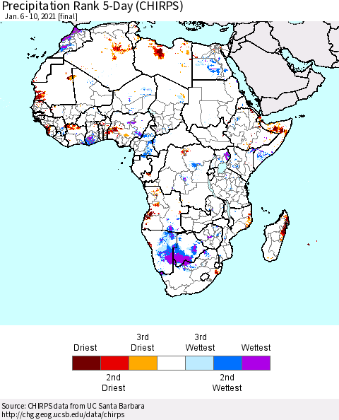 Africa Precipitation Rank 5-Day (CHIRPS) Thematic Map For 1/6/2021 - 1/10/2021
