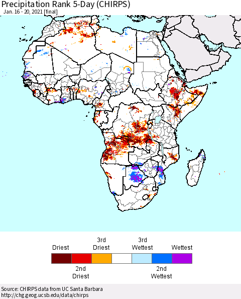 Africa Precipitation Rank since 1981, 5-Day (CHIRPS) Thematic Map For 1/16/2021 - 1/20/2021