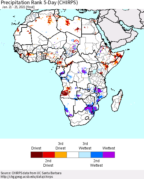 Africa Precipitation Rank 5-Day (CHIRPS) Thematic Map For 1/21/2021 - 1/25/2021