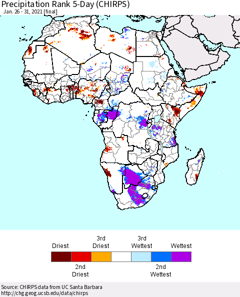 Africa Precipitation Rank 5-Day (CHIRPS) Thematic Map For 1/26/2021 - 1/31/2021
