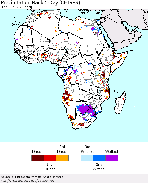 Africa Precipitation Rank 5-Day (CHIRPS) Thematic Map For 2/1/2021 - 2/5/2021