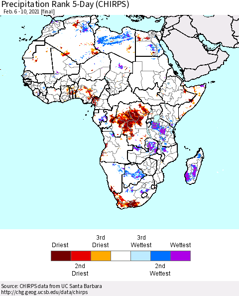 Africa Precipitation Rank 5-Day (CHIRPS) Thematic Map For 2/6/2021 - 2/10/2021