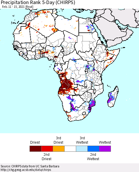 Africa Precipitation Rank 5-Day (CHIRPS) Thematic Map For 2/11/2021 - 2/15/2021