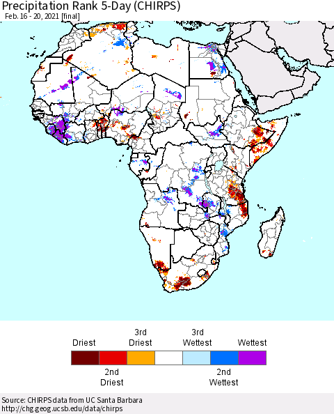 Africa Precipitation Rank 5-Day (CHIRPS) Thematic Map For 2/16/2021 - 2/20/2021
