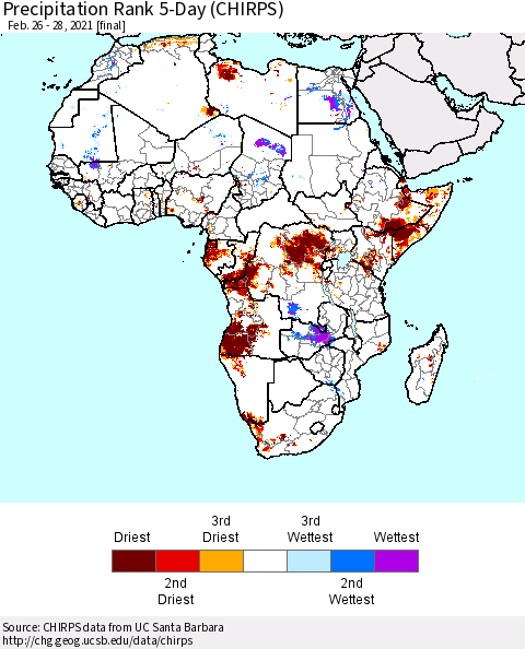 Africa Precipitation Rank 5-Day (CHIRPS) Thematic Map For 2/26/2021 - 2/28/2021
