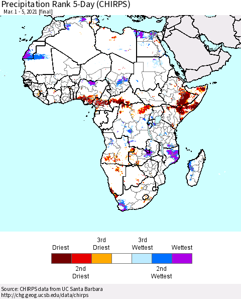 Africa Precipitation Rank 5-Day (CHIRPS) Thematic Map For 3/1/2021 - 3/5/2021