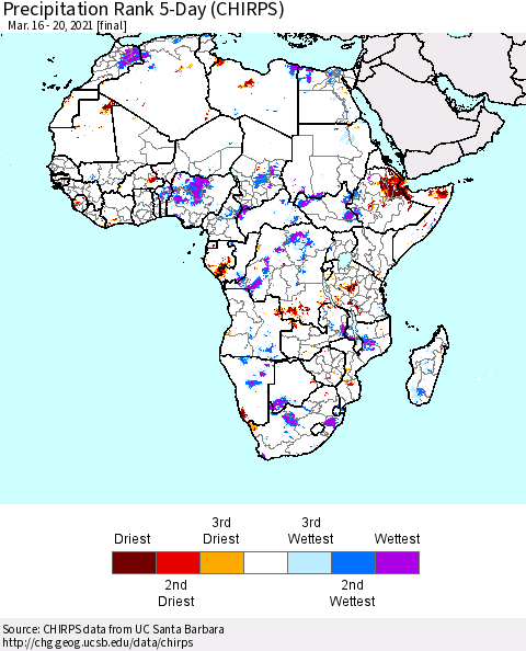 Africa Precipitation Rank since 1981, 5-Day (CHIRPS) Thematic Map For 3/16/2021 - 3/20/2021
