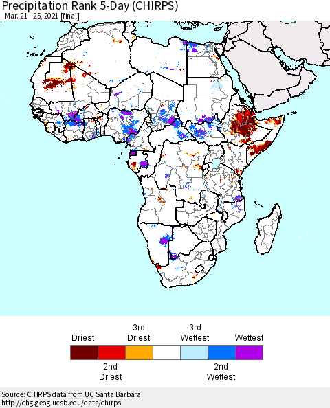 Africa Precipitation Rank since 1981, 5-Day (CHIRPS) Thematic Map For 3/21/2021 - 3/25/2021