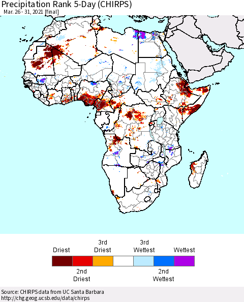 Africa Precipitation Rank 5-Day (CHIRPS) Thematic Map For 3/26/2021 - 3/31/2021