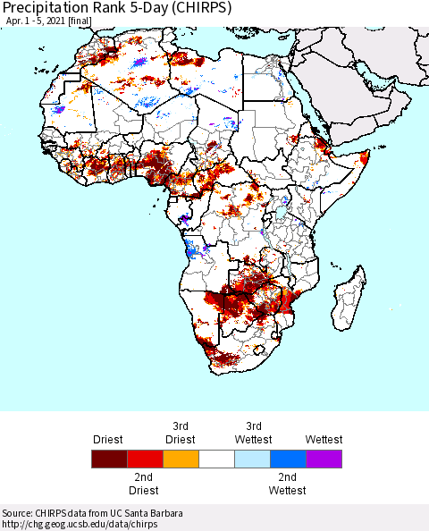 Africa Precipitation Rank since 1981, 5-Day (CHIRPS) Thematic Map For 4/1/2021 - 4/5/2021