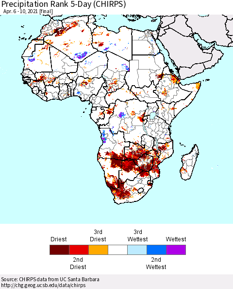 Africa Precipitation Rank 5-Day (CHIRPS) Thematic Map For 4/6/2021 - 4/10/2021