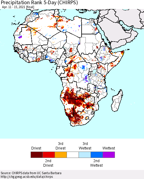 Africa Precipitation Rank since 1981, 5-Day (CHIRPS) Thematic Map For 4/11/2021 - 4/15/2021