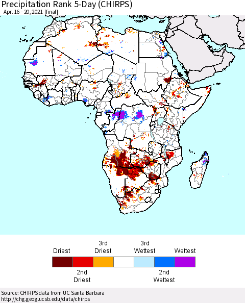 Africa Precipitation Rank 5-Day (CHIRPS) Thematic Map For 4/16/2021 - 4/20/2021
