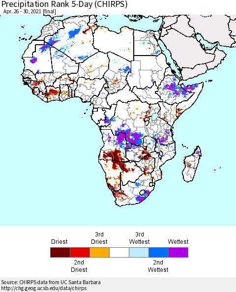Africa Precipitation Rank since 1981, 5-Day (CHIRPS) Thematic Map For 4/26/2021 - 4/30/2021