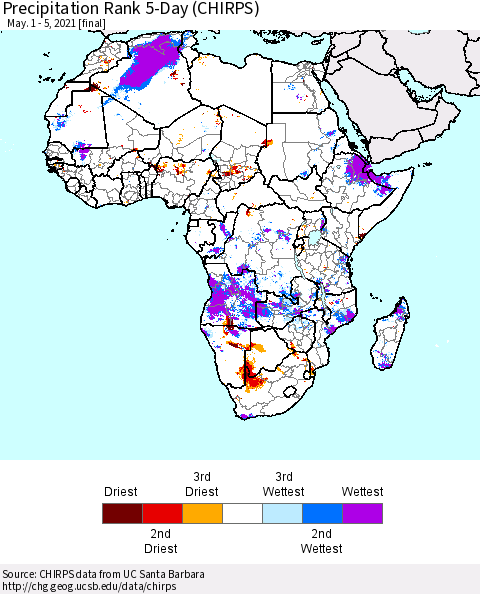 Africa Precipitation Rank 5-Day (CHIRPS) Thematic Map For 5/1/2021 - 5/5/2021
