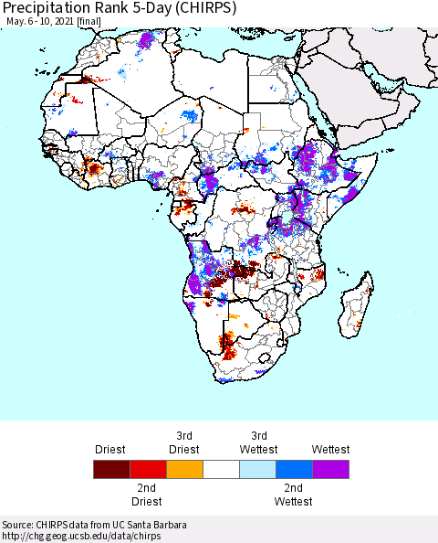 Africa Precipitation Rank 5-Day (CHIRPS) Thematic Map For 5/6/2021 - 5/10/2021