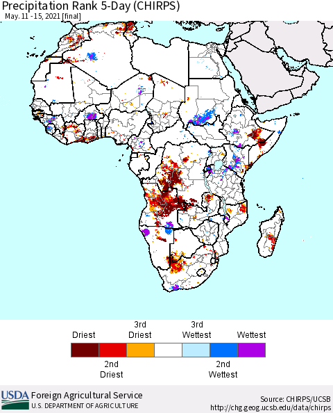 Africa Precipitation Rank since 1981, 5-Day (CHIRPS) Thematic Map For 5/11/2021 - 5/15/2021