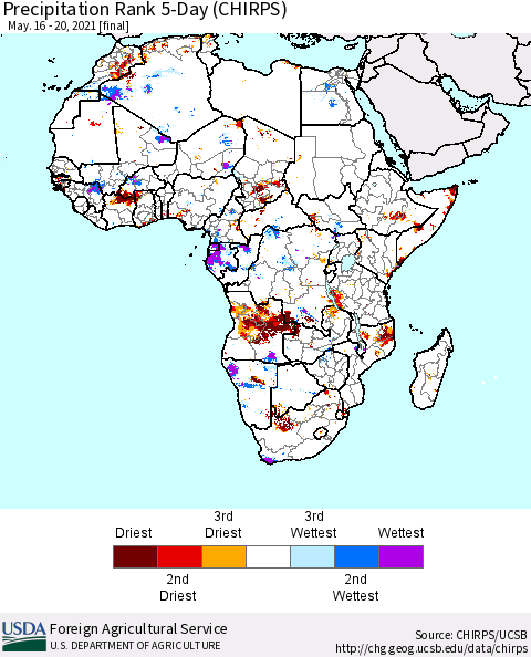 Africa Precipitation Rank 5-Day (CHIRPS) Thematic Map For 5/16/2021 - 5/20/2021