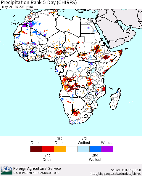 Africa Precipitation Rank 5-Day (CHIRPS) Thematic Map For 5/21/2021 - 5/25/2021