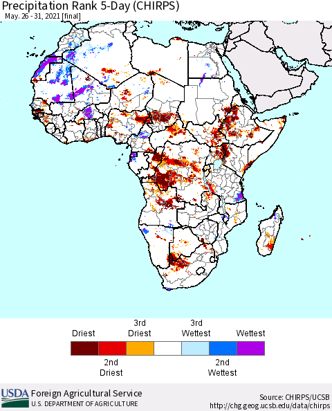 Africa Precipitation Rank 5-Day (CHIRPS) Thematic Map For 5/26/2021 - 5/31/2021