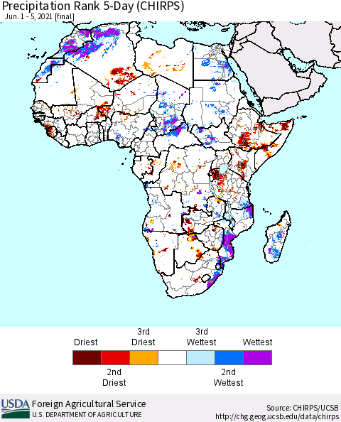 Africa Precipitation Rank since 1981, 5-Day (CHIRPS) Thematic Map For 6/1/2021 - 6/5/2021
