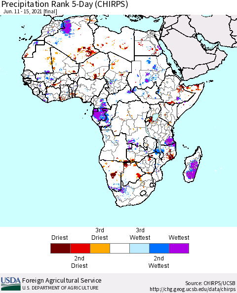 Africa Precipitation Rank since 1981, 5-Day (CHIRPS) Thematic Map For 6/11/2021 - 6/15/2021