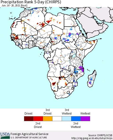 Africa Precipitation Rank 5-Day (CHIRPS) Thematic Map For 6/16/2021 - 6/20/2021