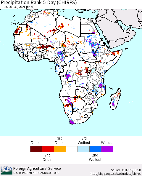 Africa Precipitation Rank 5-Day (CHIRPS) Thematic Map For 6/26/2021 - 6/30/2021
