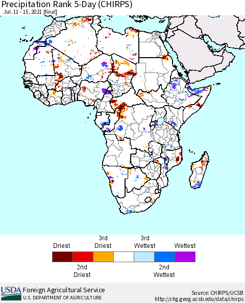 Africa Precipitation Rank 5-Day (CHIRPS) Thematic Map For 7/11/2021 - 7/15/2021