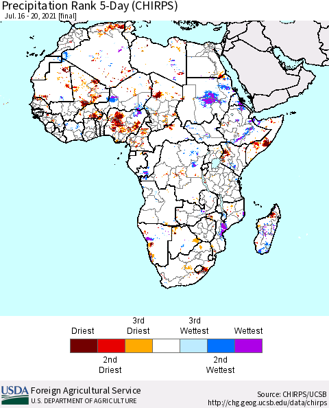 Africa Precipitation Rank 5-Day (CHIRPS) Thematic Map For 7/16/2021 - 7/20/2021