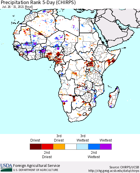 Africa Precipitation Rank 5-Day (CHIRPS) Thematic Map For 7/26/2021 - 7/31/2021