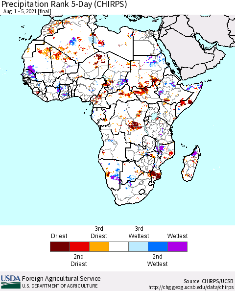 Africa Precipitation Rank 5-Day (CHIRPS) Thematic Map For 8/1/2021 - 8/5/2021