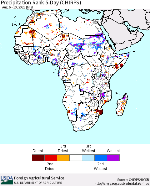 Africa Precipitation Rank since 1981, 5-Day (CHIRPS) Thematic Map For 8/6/2021 - 8/10/2021