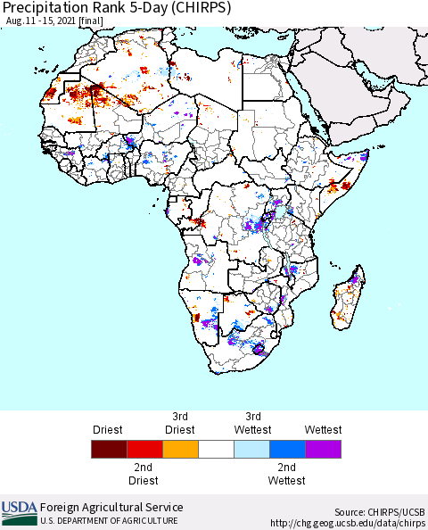 Africa Precipitation Rank 5-Day (CHIRPS) Thematic Map For 8/11/2021 - 8/15/2021