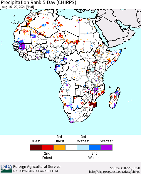 Africa Precipitation Rank since 1981, 5-Day (CHIRPS) Thematic Map For 8/16/2021 - 8/20/2021