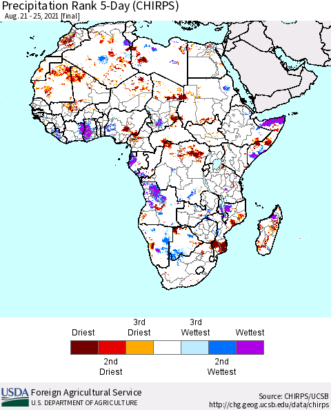 Africa Precipitation Rank 5-Day (CHIRPS) Thematic Map For 8/21/2021 - 8/25/2021