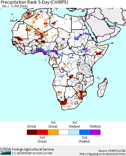 Africa Precipitation Rank since 1981, 5-Day (CHIRPS) Thematic Map For 9/1/2021 - 9/5/2021