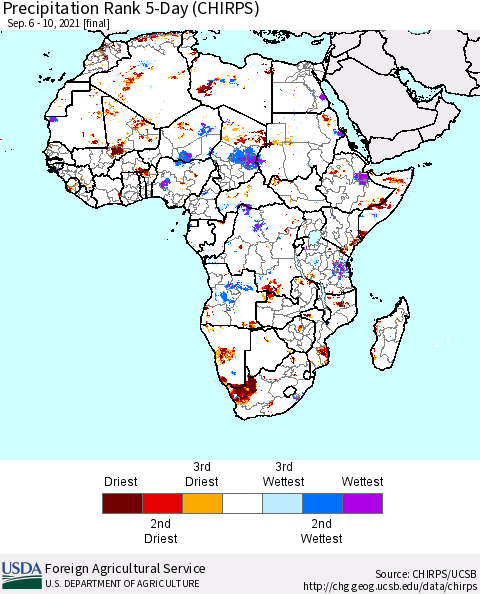 Africa Precipitation Rank 5-Day (CHIRPS) Thematic Map For 9/6/2021 - 9/10/2021