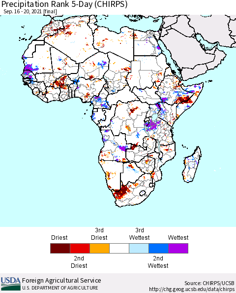 Africa Precipitation Rank 5-Day (CHIRPS) Thematic Map For 9/16/2021 - 9/20/2021