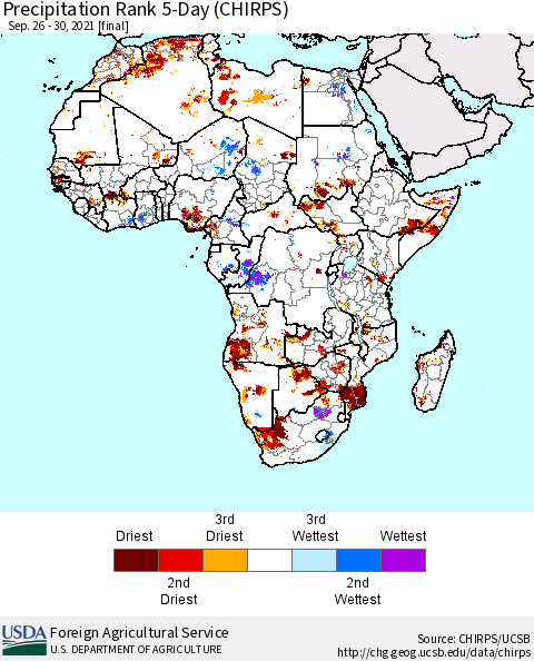 Africa Precipitation Rank 5-Day (CHIRPS) Thematic Map For 9/26/2021 - 9/30/2021