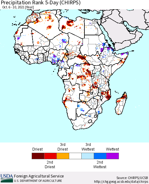 Africa Precipitation Rank 5-Day (CHIRPS) Thematic Map For 10/6/2021 - 10/10/2021