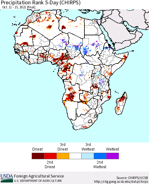 Africa Precipitation Rank since 1981, 5-Day (CHIRPS) Thematic Map For 10/11/2021 - 10/15/2021