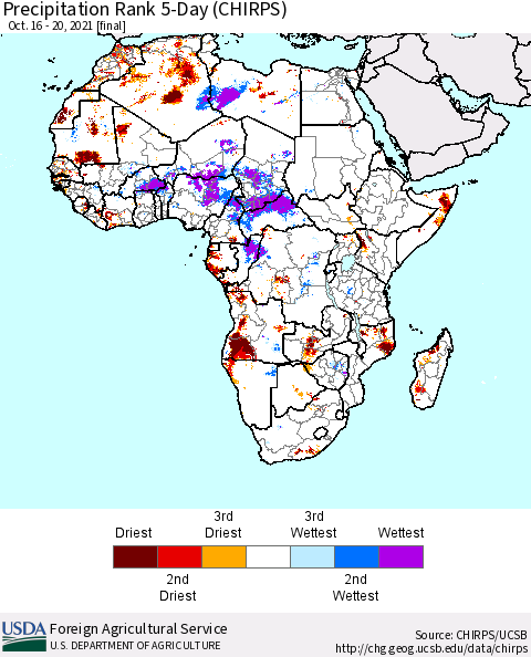 Africa Precipitation Rank since 1981, 5-Day (CHIRPS) Thematic Map For 10/16/2021 - 10/20/2021