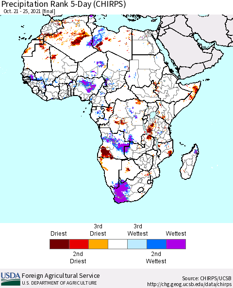 Africa Precipitation Rank since 1981, 5-Day (CHIRPS) Thematic Map For 10/21/2021 - 10/25/2021